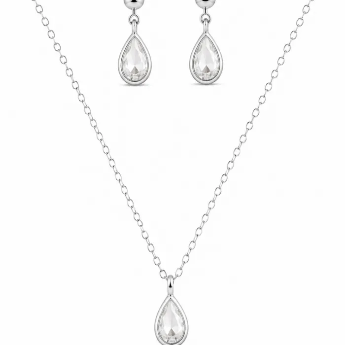 Conjunto Folheado a Prata 925 Gota de Cristal
