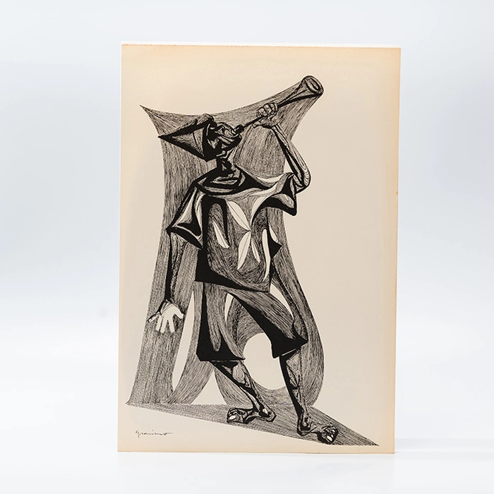 Gravura Clóvis Graciano nº 13 – Músico com Chapéu Pontudo e Instrumento de Sopro