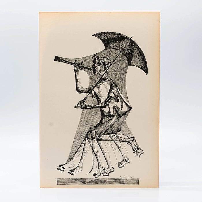 Gravura Clóvis Graciano nº 17 – Figura Feminina com Instrumento de Sopro e Guarda-Chuva