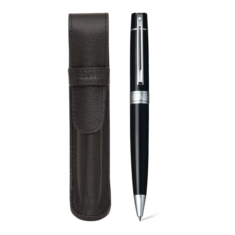 Gift Set Sheaffer 300 – Caneta Esferográfica Preto Brilhante com Acabamento Cromado + Porta-Caneta em Couro Legítimo