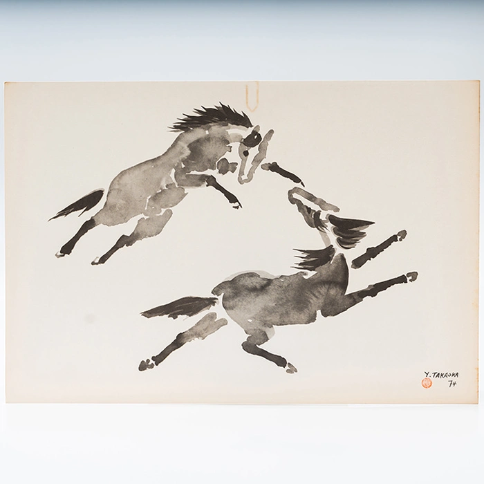 Gravura Yoshiya Takaoka — Cavalos nº 9 (Dois em salto oposto), 1974/75 — Coleção “Cavalos”, Editora Cultrix