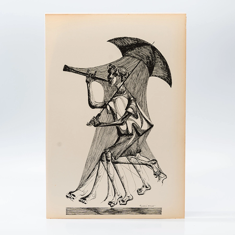 Gravura Clóvis Graciano nº 17 – Figura Feminina com Instrumento de Sopro e Guarda-Chuva