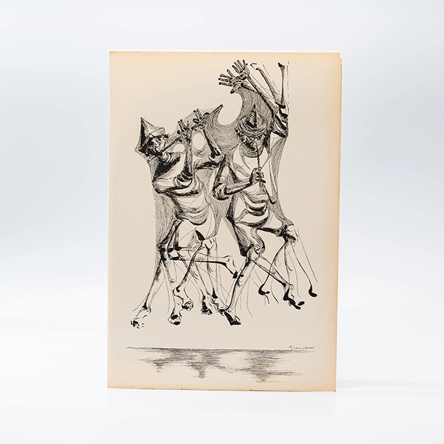 Gravura Clóvis Graciano nº 21 – Dois Músicos em Salto com Instrumentos de Sopro