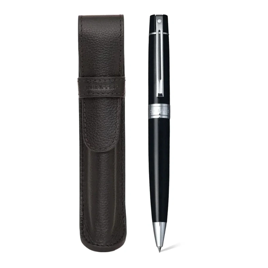 Gift Set Sheaffer 300 – Caneta Esferográfica Preto Brilhante com Acabamento Cromado + Porta-Caneta em Couro Legítimo