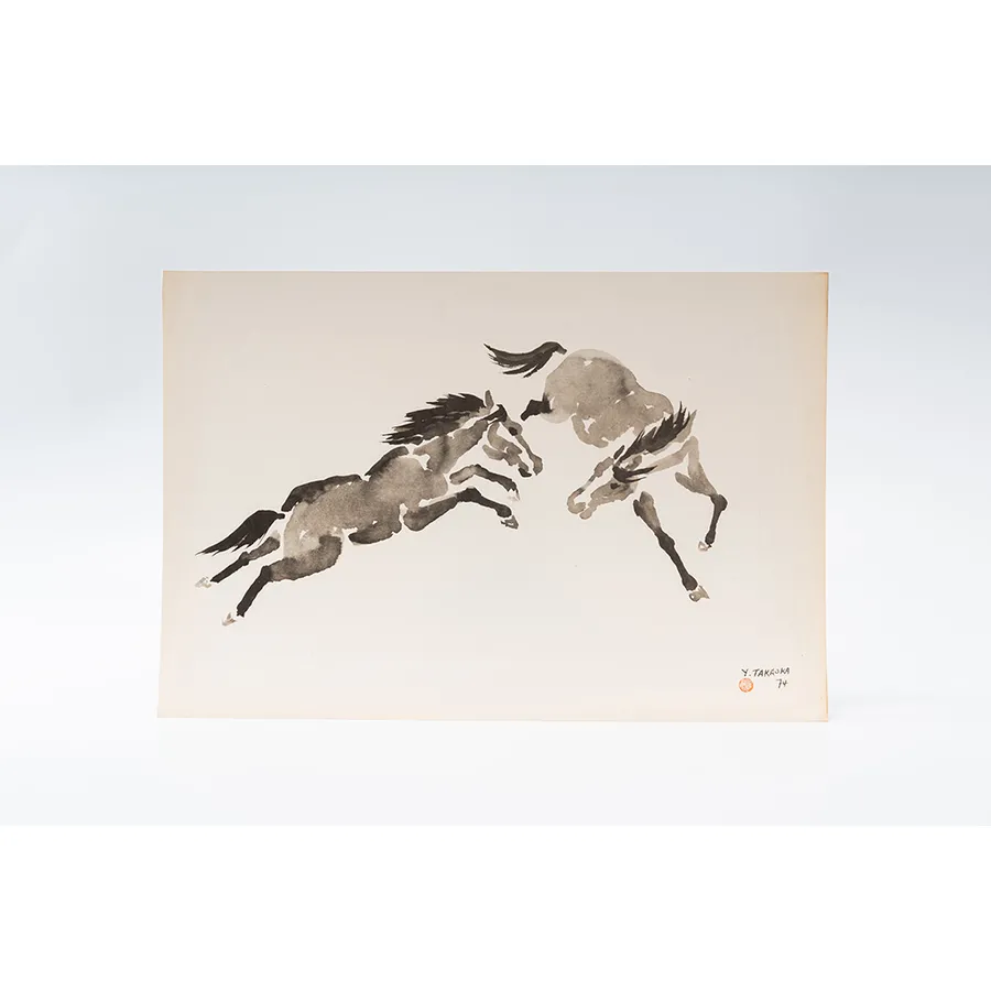 Gravura Yoshiya Takaoka — Cavalos nº 5 (Dois em salto lateral), 1974/75 — Coleção “Cavalos”, Editora Cultrix