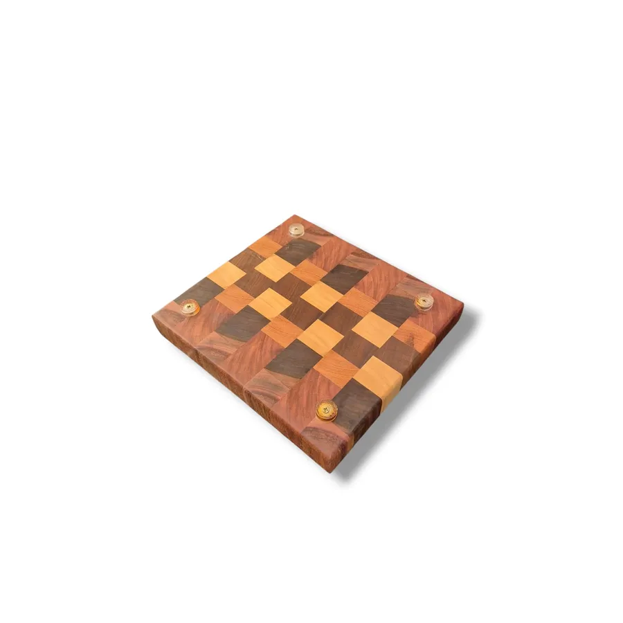Tábua End Grain “Trama Geométrica” – Marfim, Pau-Ferro e Ipê-Roxo (22×24 cm)