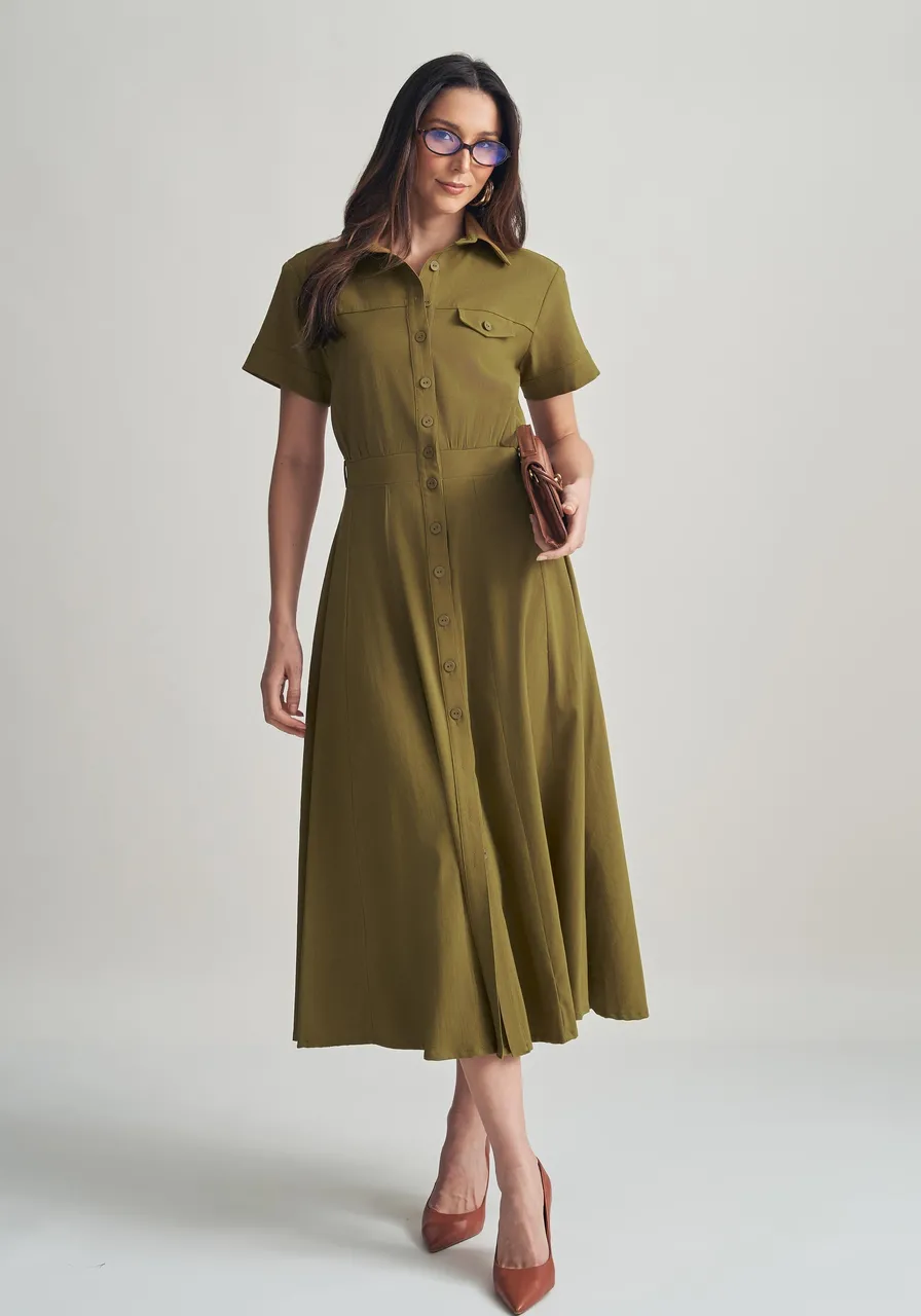 VESTIDO MIDI CHEMISE SLIM VERDE