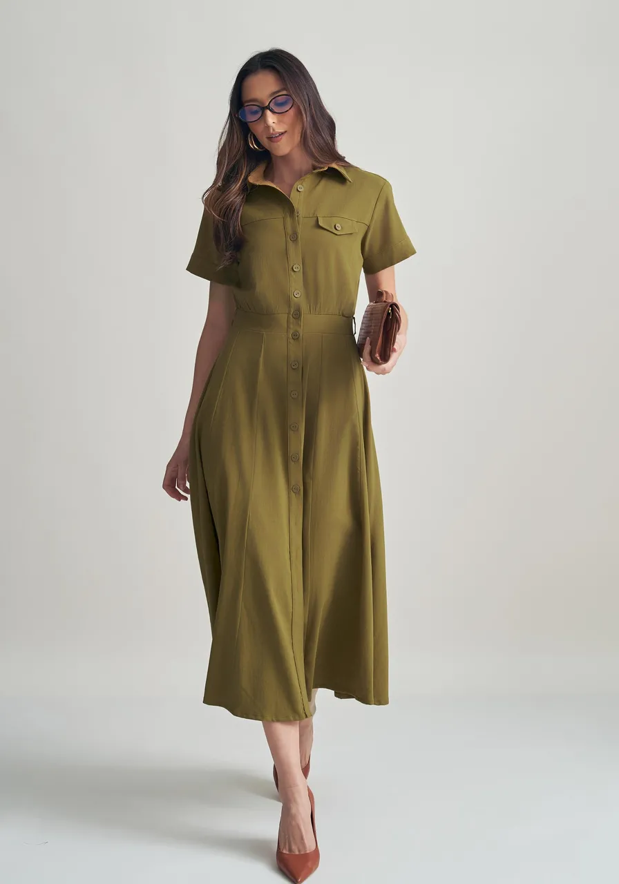 VESTIDO MIDI CHEMISE SLIM VERDE