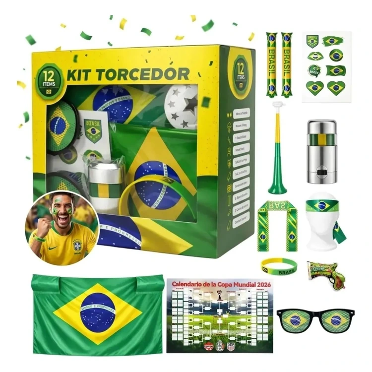 Kit Torcedor Copa do Mundo Brasil 2026 — 12 Peças com Bandeira 