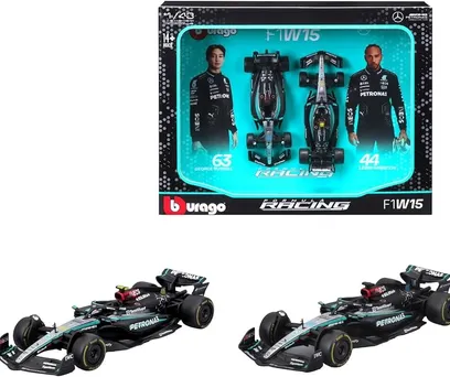 Formula 1 kit 2 carros Mercedes AMG Petronas W15 - #44 Lewis Hamilton + #63 George Russell - 2024 - Bburago 1/43