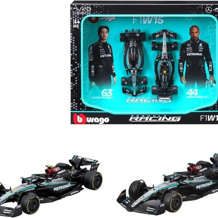 Formula 1 kit 2 carros Mercedes AMG Petronas W15 - #44 Lewis Hamilton + #63 George Russell - 2024 - Bburago 1/43