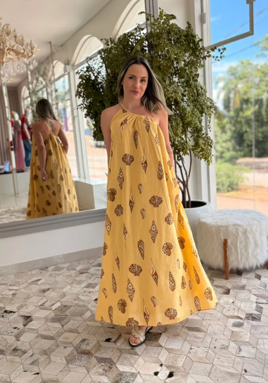 Vestido Longo Concha Pintada Amarelo Farm Ref 15146