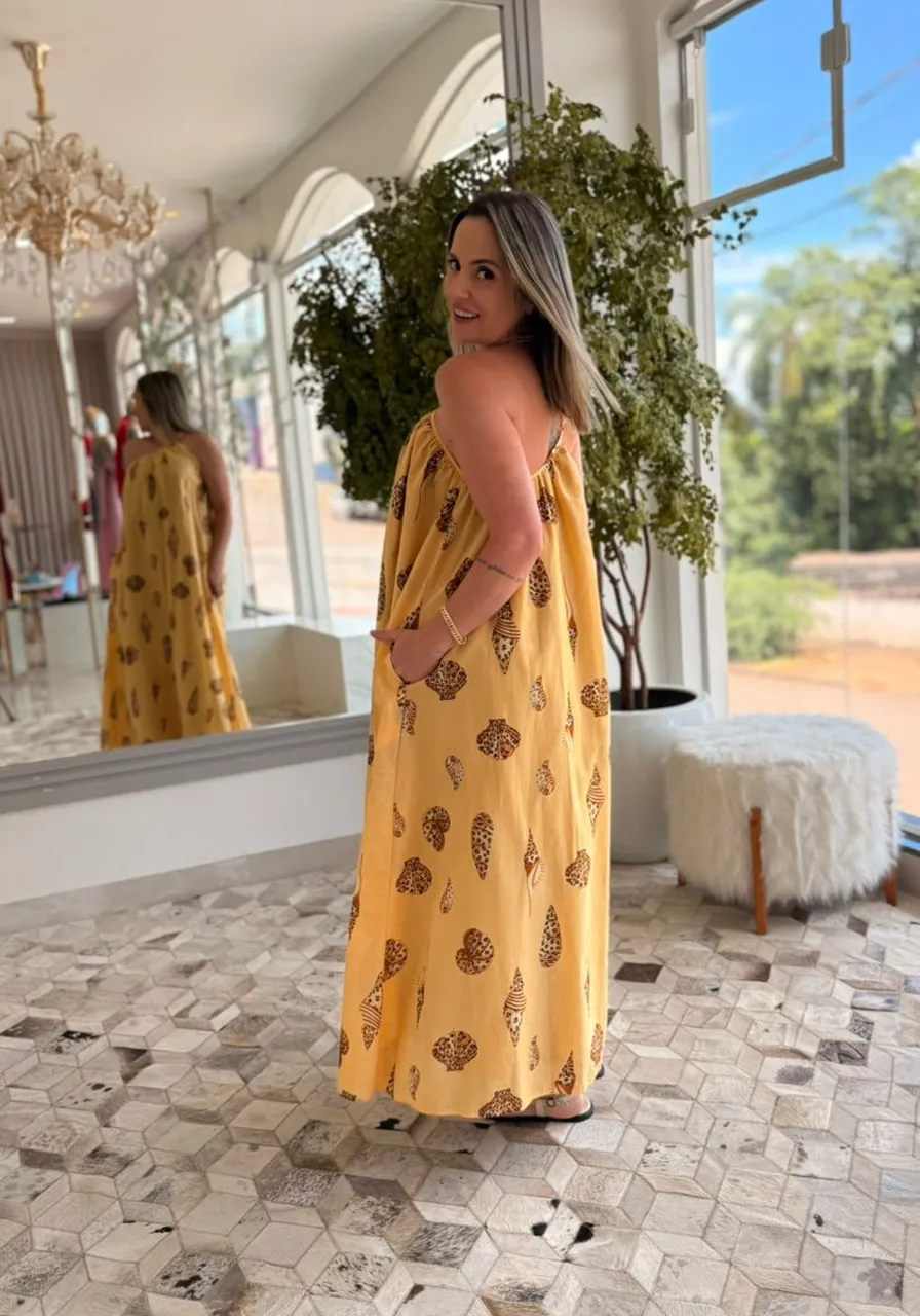Vestido Longo Concha Pintada Amarelo Farm Ref 15146