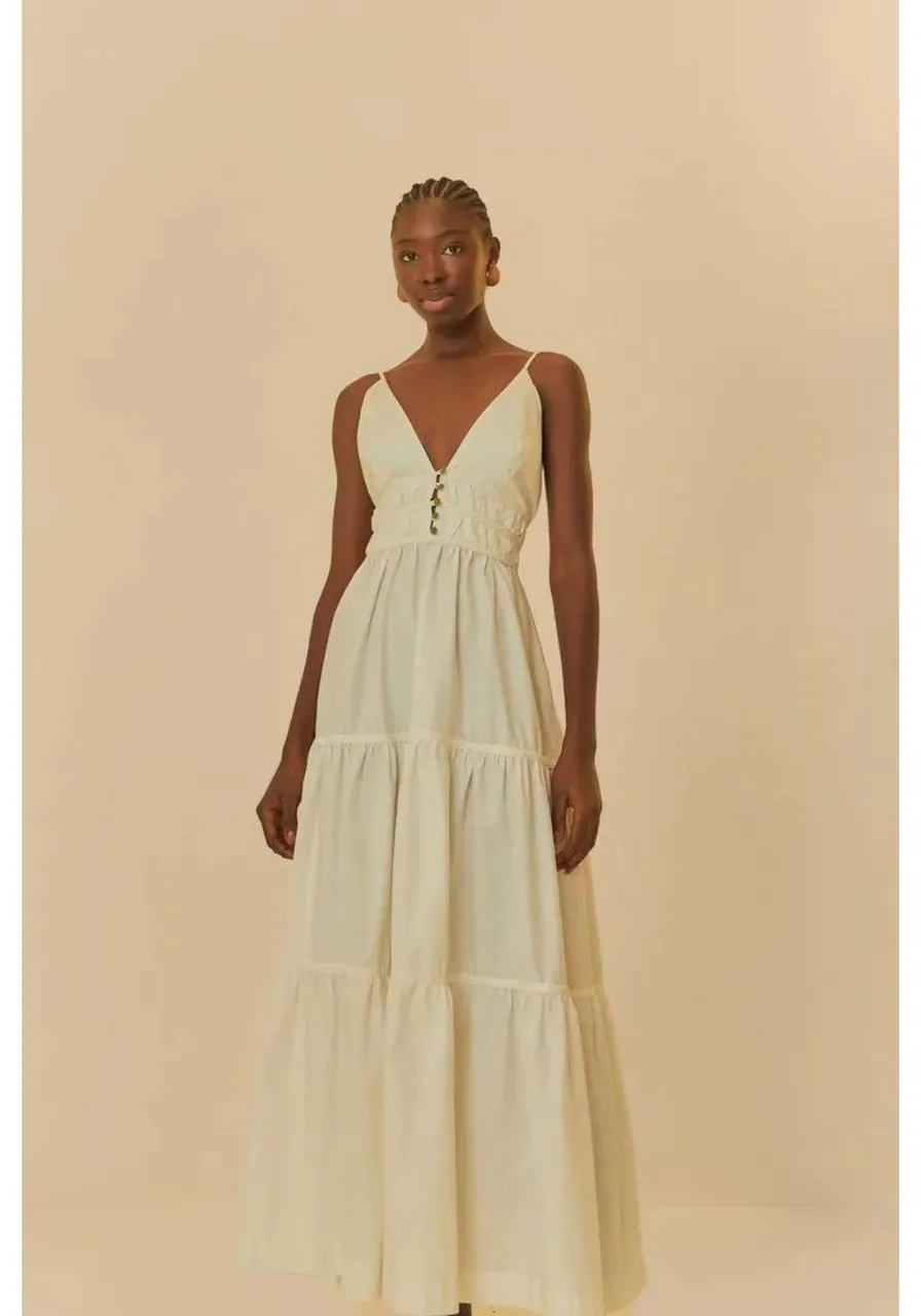 Vestido Longo Franzido Alcinhas Branco