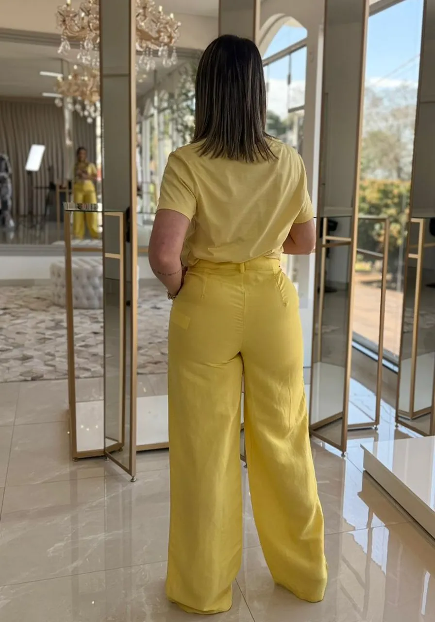 Calça Reta Linho Amarelo Sommer