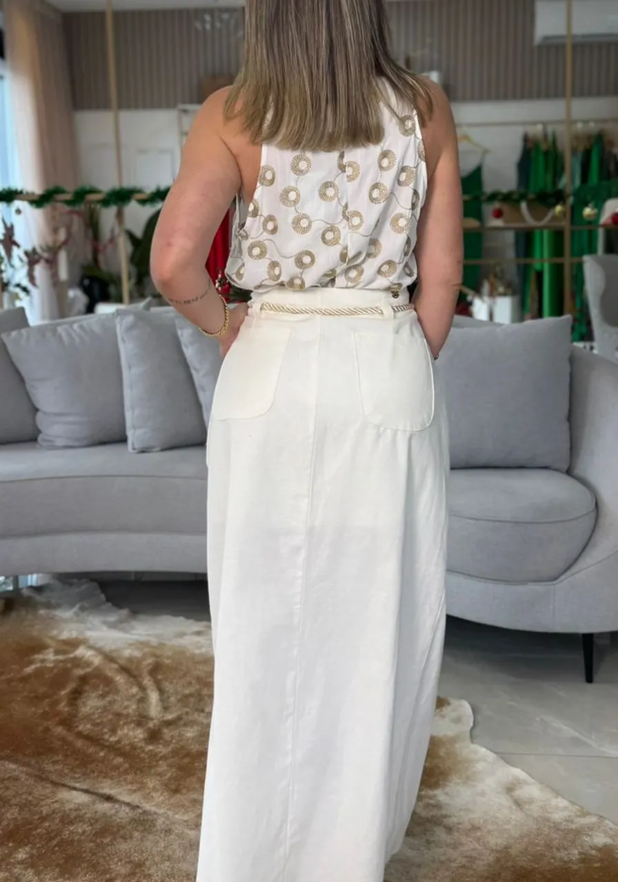 Regata Cropped Solta Branca Flor de Lis Ref 16408