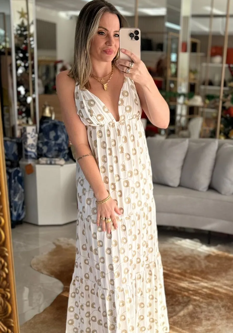 Vestido Solto Longo Branco Flor de Lis Ref 16404