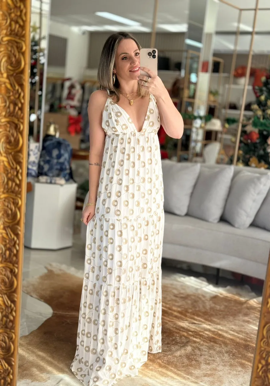 Vestido Solto Longo Branco Flor de Lis Ref 16404