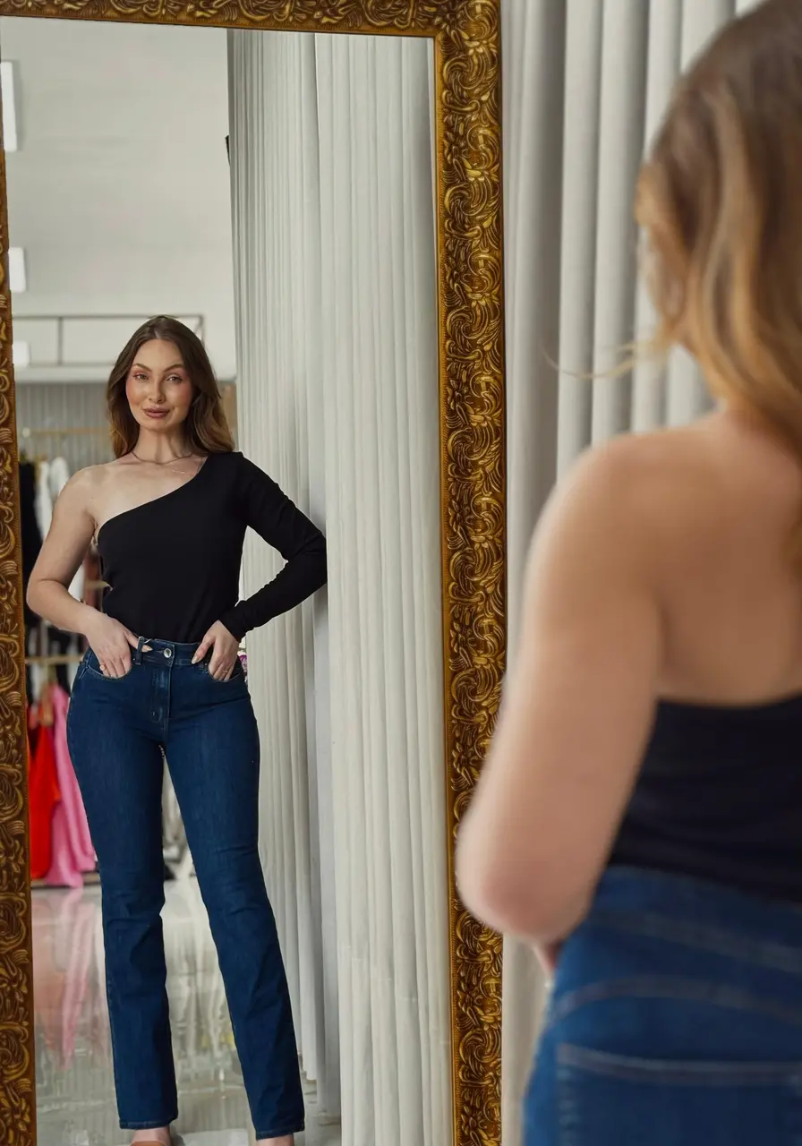 Blusa Canelada Uma Manga Só Preto