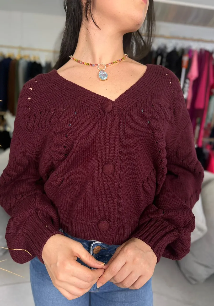 Cardigan Em Tricô Texturizado - Vinho