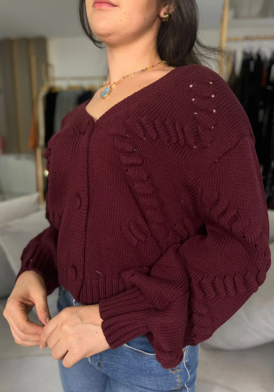 Cardigan Em Tricô Texturizado - Vinho