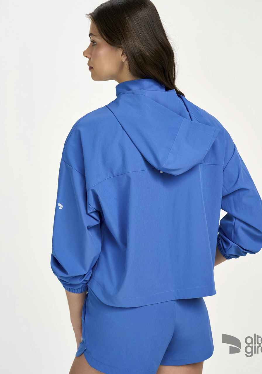 Jaqueta Cropped Com Capuz E Bolsos Azul Alto Giro Ref 13840