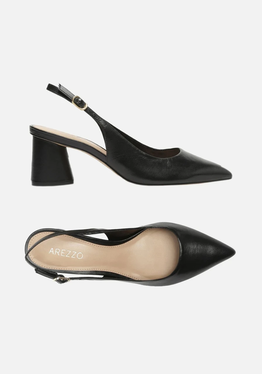 Scarpin Preto Couro Bico Fino Slingback Arezzo Ref 13342