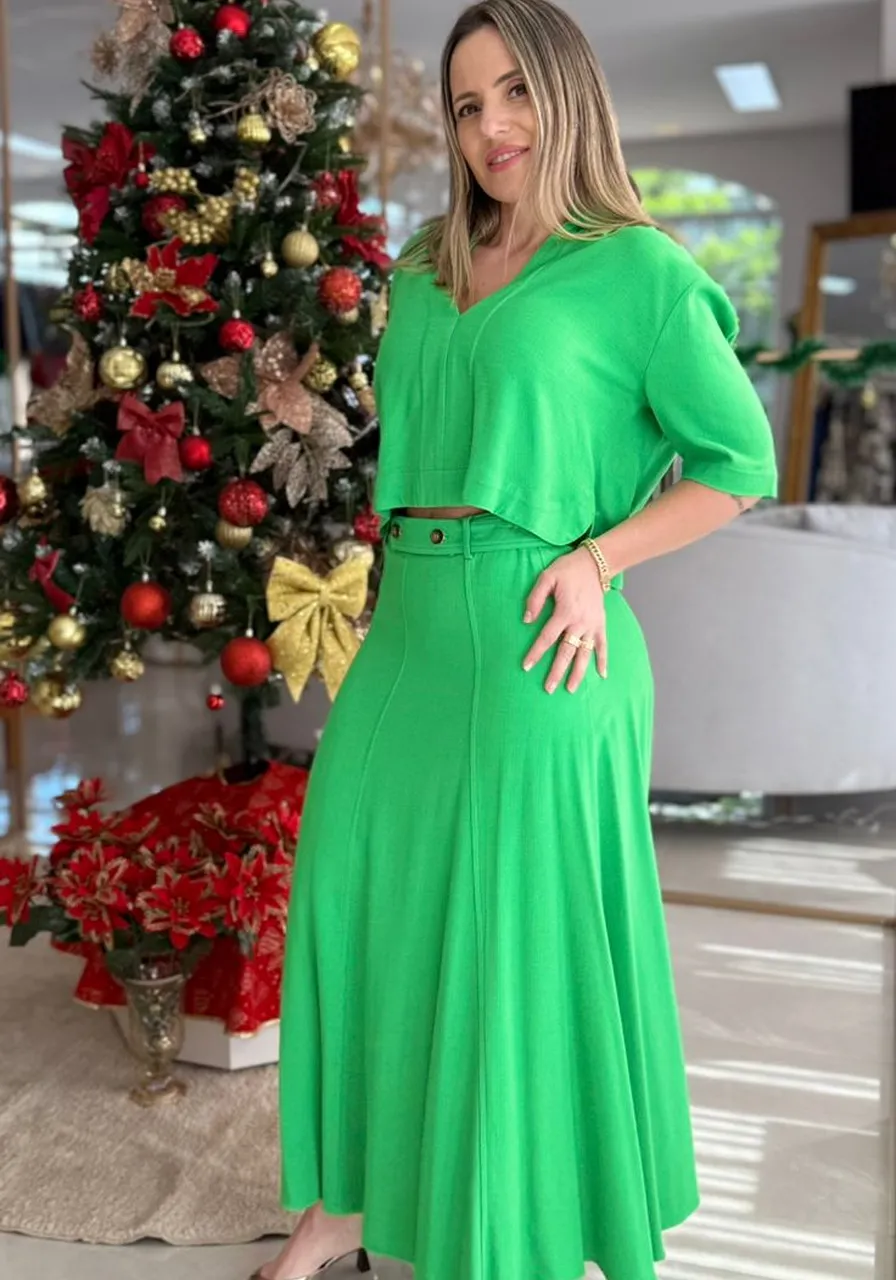 Coordenado Blusa E Saia Verde Carlota Costa Ref 10505