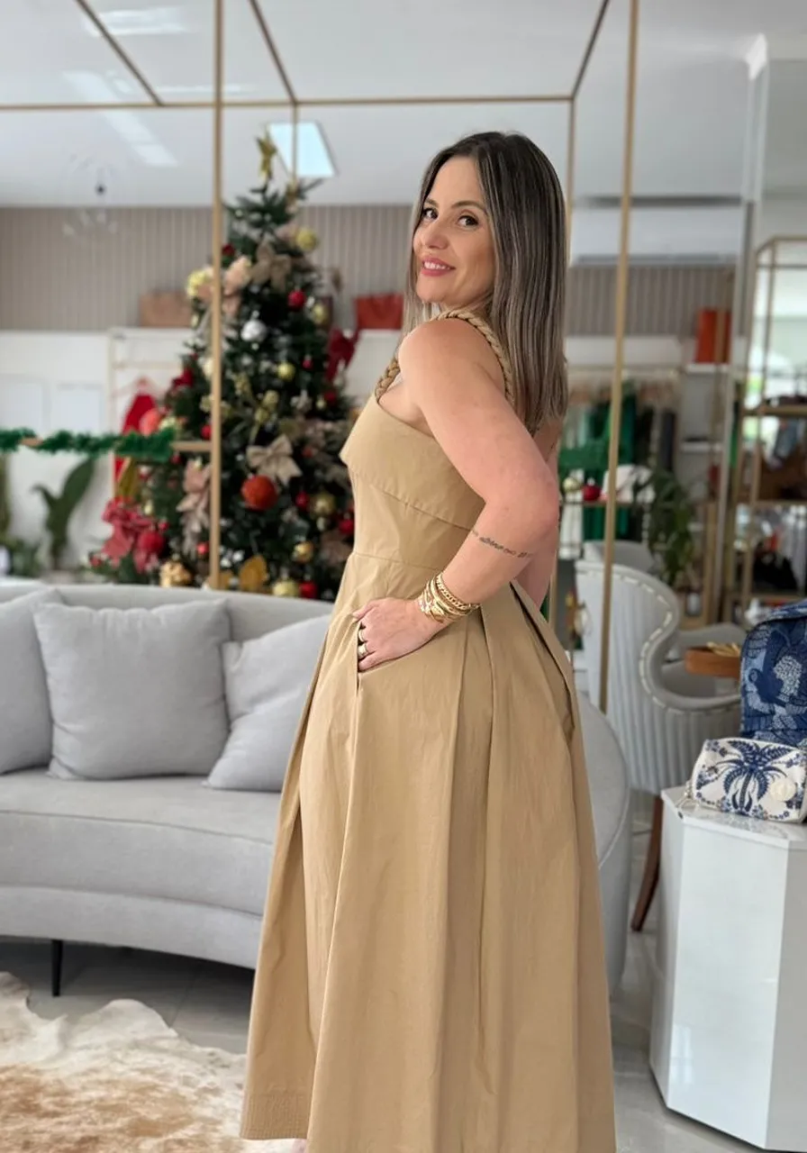 Vestido Tricoline Alça Trançada Marrom Carlota Costa Ref 15902