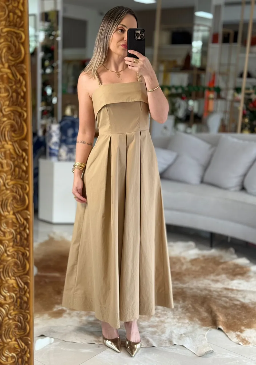 Vestido Tricoline Alça Trançada Marrom Carlota Costa Ref 15902