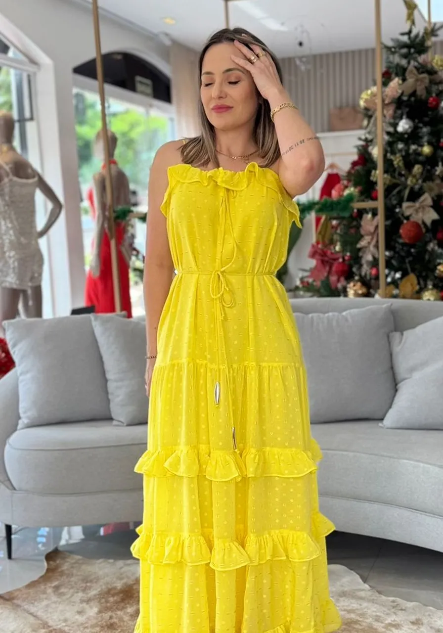 Vestido Babados Carlota Costa Amarelo Ref 13091