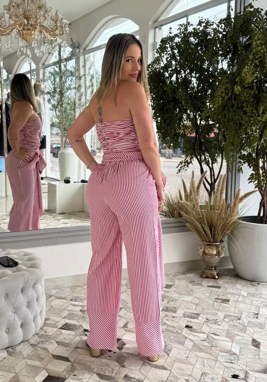 Coordenado Top e Calça Carlota Costa Listrado Vermelho Ref 16359