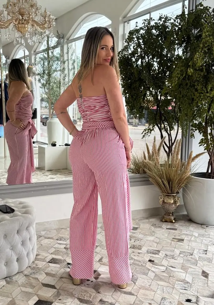 Coordenado Top e Calça Carlota Costa Listrado Vermelho Ref 16359