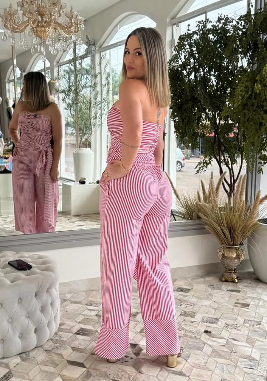 Coordenado Top e Calça Carlota Costa Listrado Vermelho Ref 16359