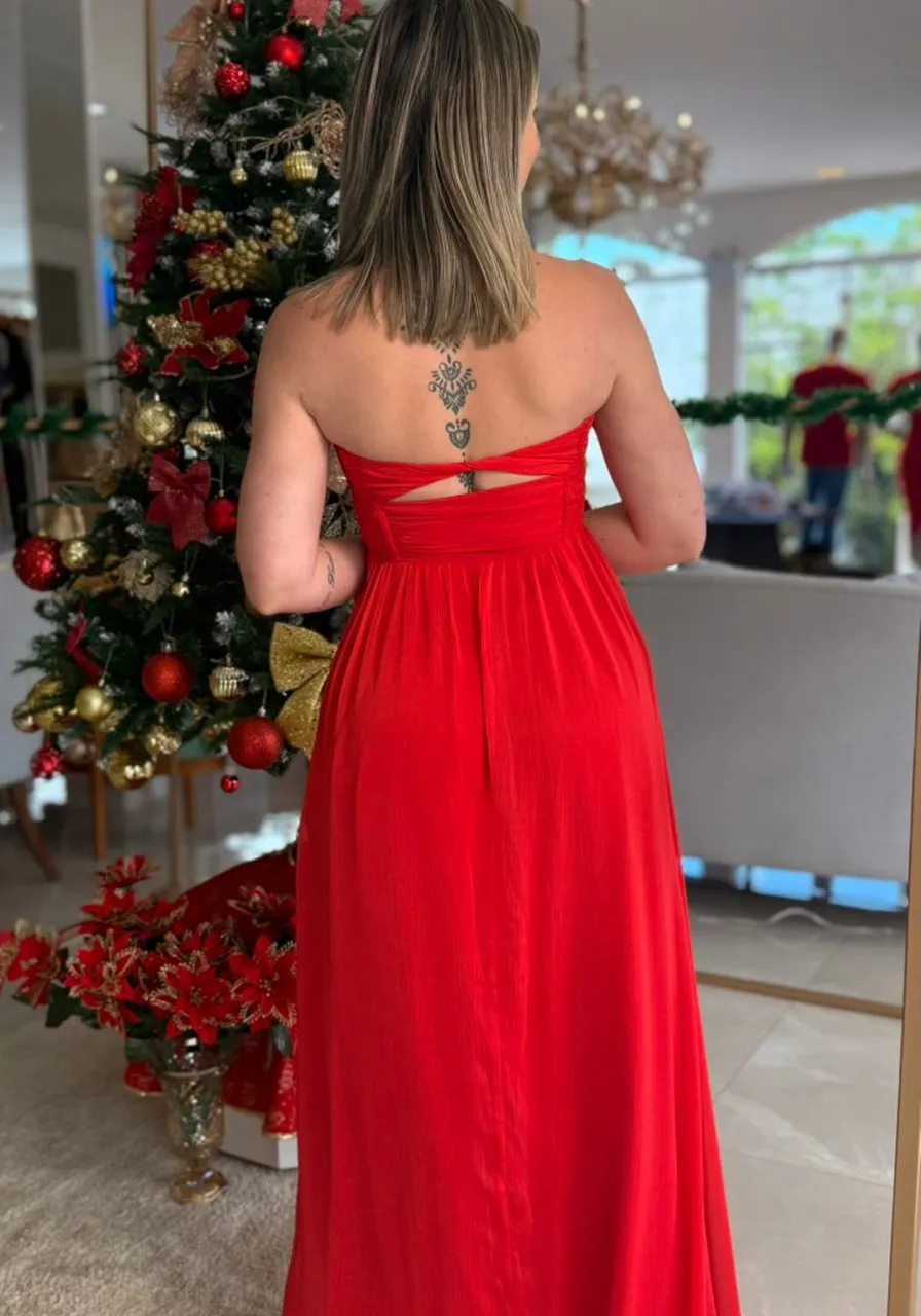 Vestido Fluido Vermelho Detalhe Frontal Carlota Costa Ref 16174