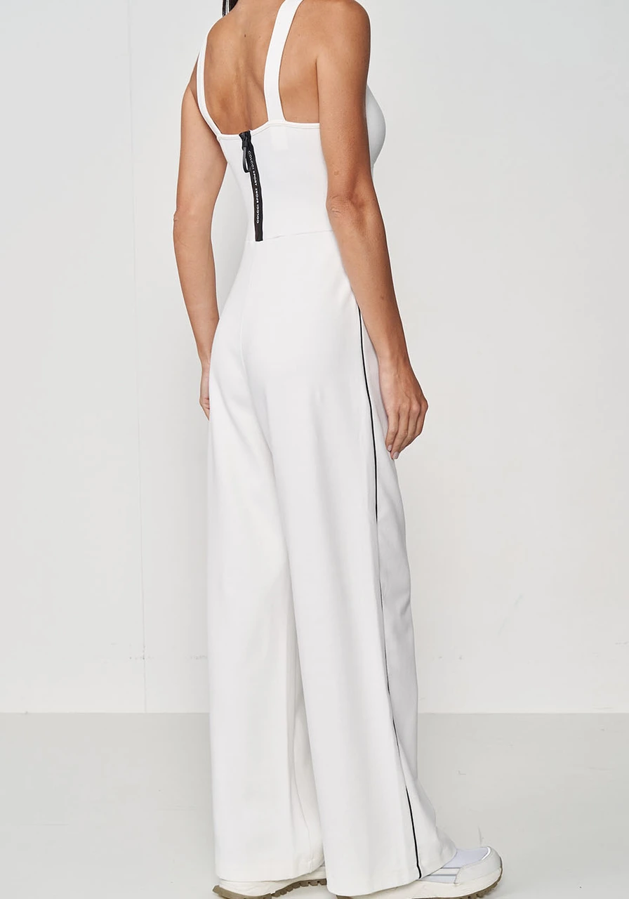 Macacão Longo Decote Quadrado Listra Lateral