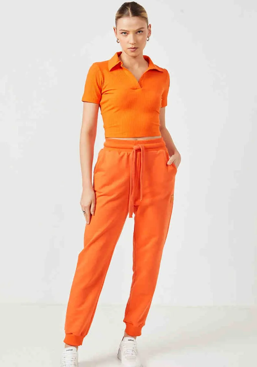 Blusa Cropped Com Gola Canelada Laranja