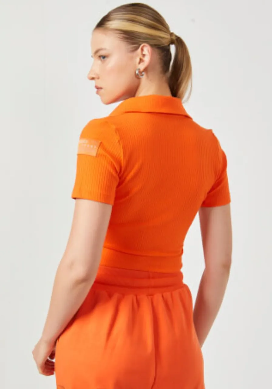 Blusa Cropped Com Gola Canelada Laranja