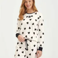 Pijama Manga Longa Estampa Corações P&B - imagem 1