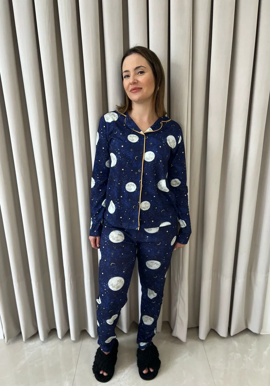 Pijama Manga Longa Com Abertura Estampa Luas