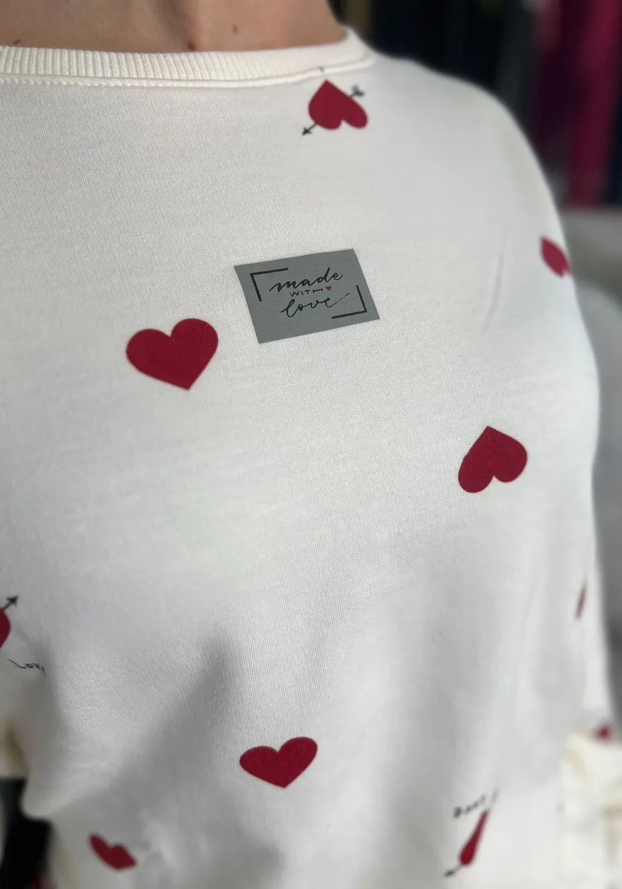 Pijama Manga Longa Off White Estampa Corações