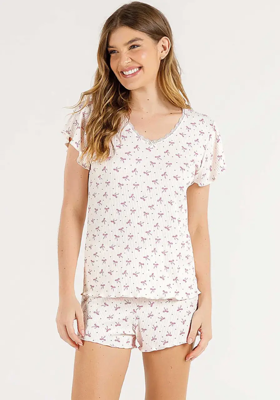Pijama Canelado Shot Doll Manga Curta Lacinho Cor com Amor 