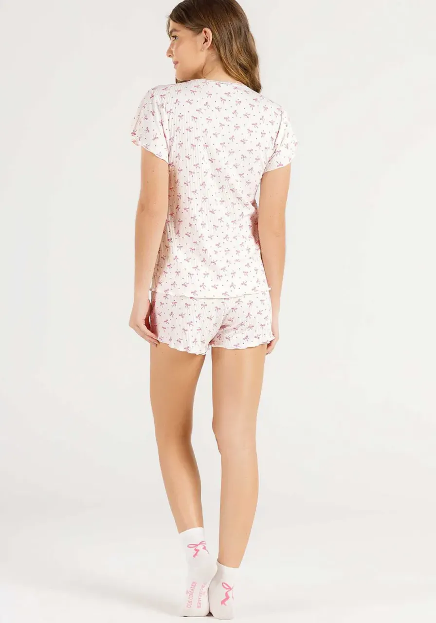 Pijama Canelado Shot Doll Manga Curta Lacinho Cor com Amor 