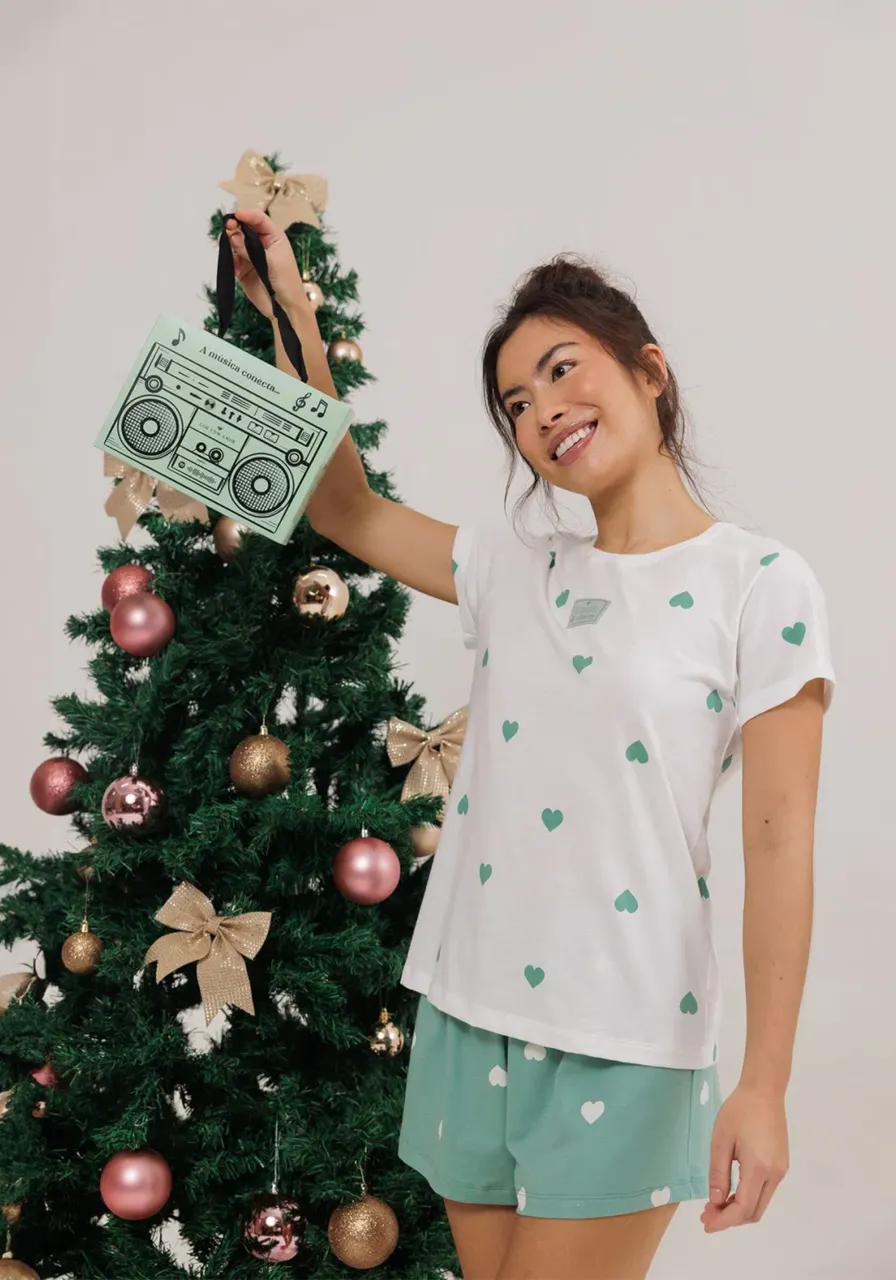 Pijama Short Doll Manga Curta Verde Cor com Amor 