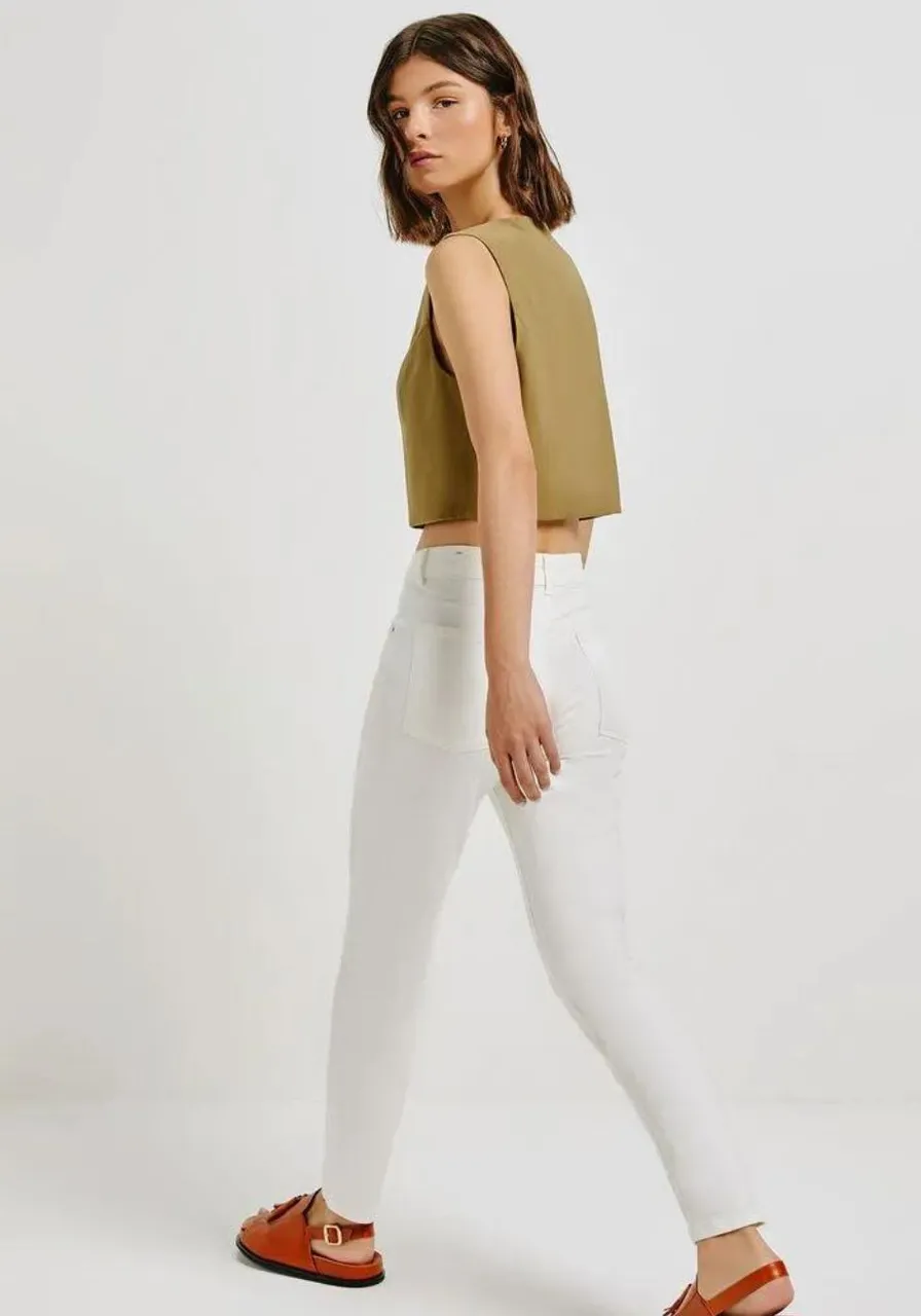 Calça Skinny Cintura Média Em Sarja - Off White