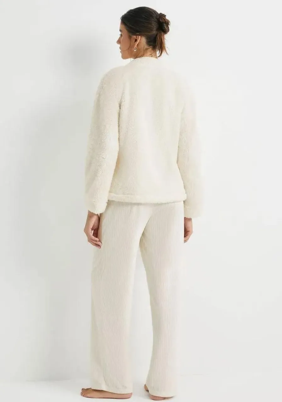 Pijama Longo Com Cardigan Off White