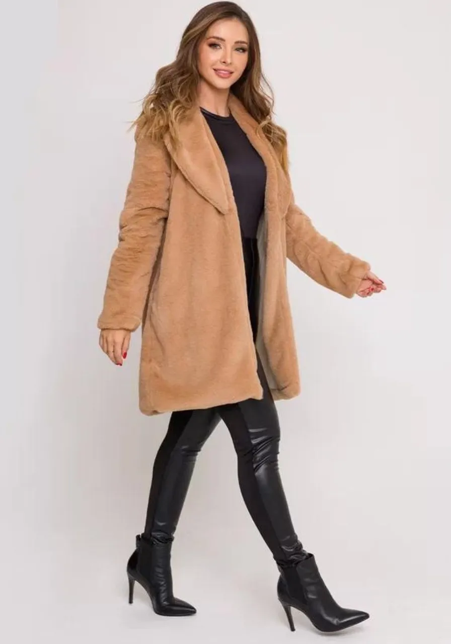Casaco Alongado Peluciado Forrado Castanho
