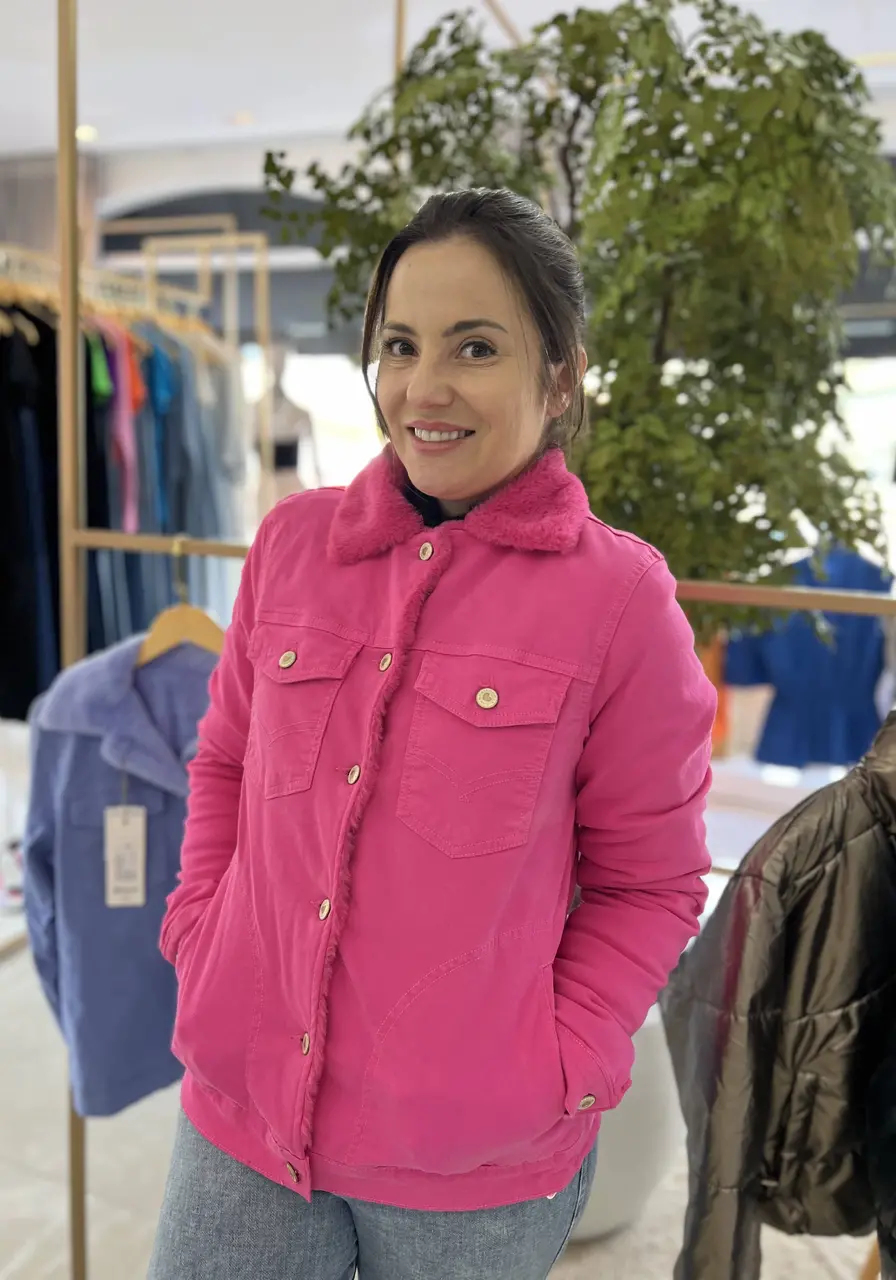 Jaqueta Jeans Forrada Peluciada Rosa
