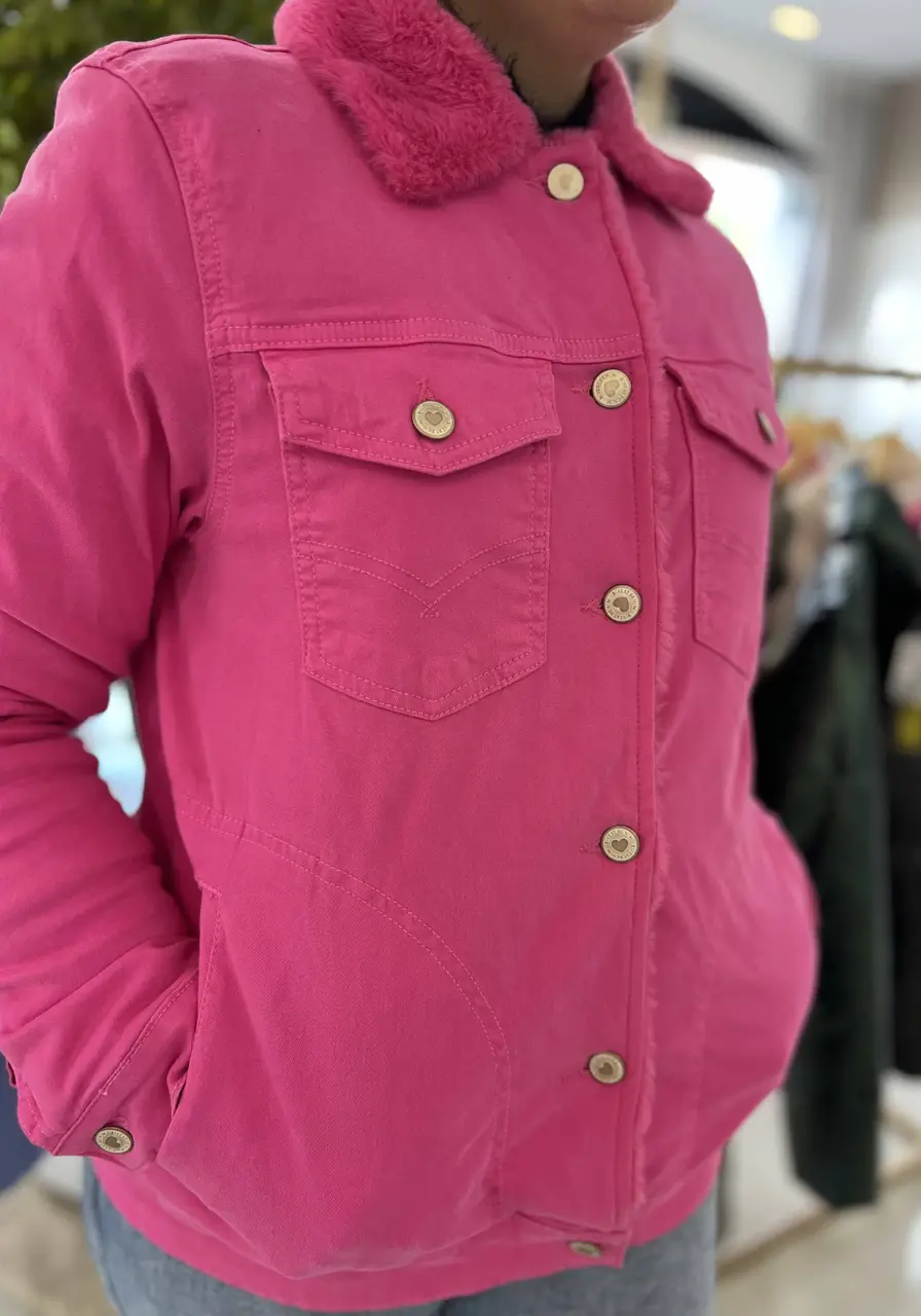 Jaqueta Jeans Forrada Peluciada Rosa