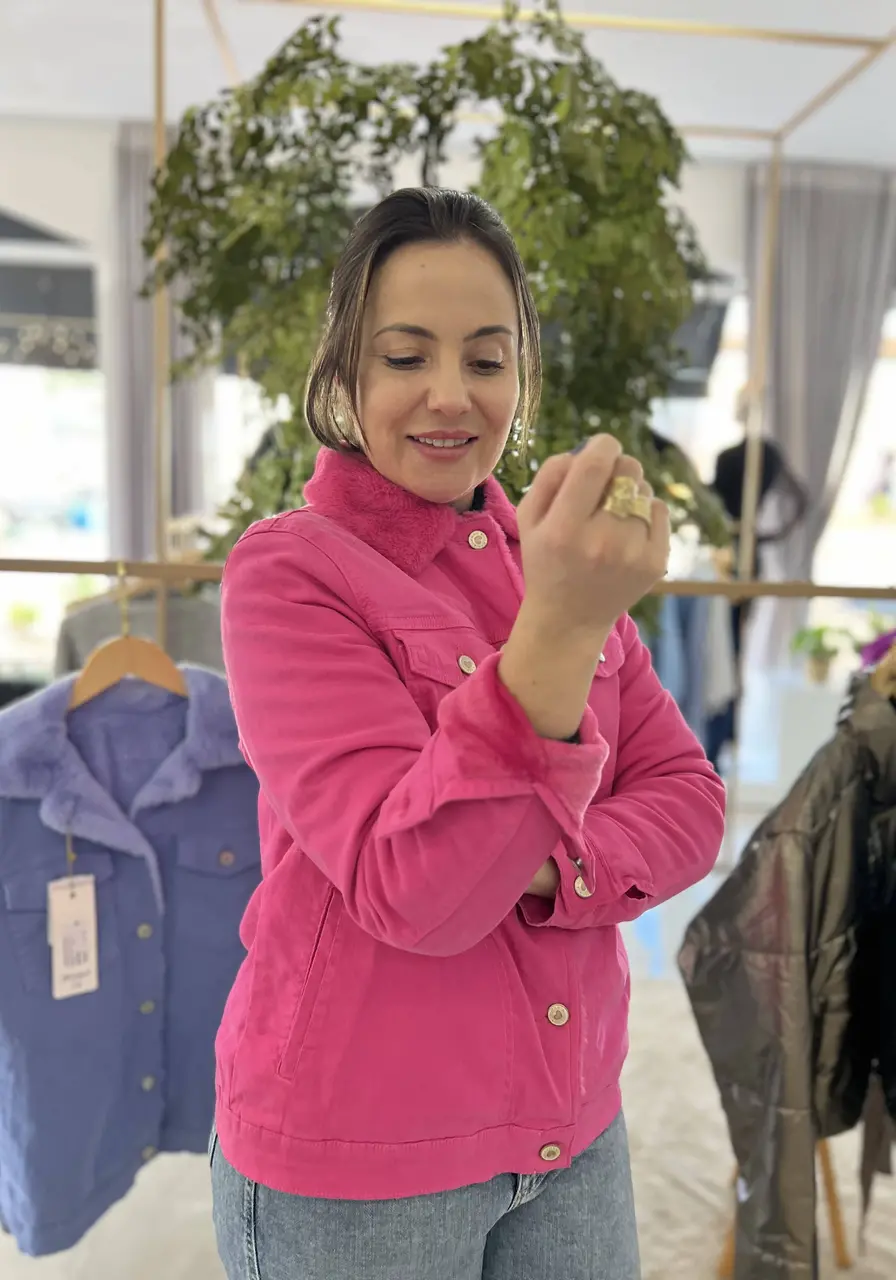 Jaqueta Jeans Forrada Peluciada Rosa